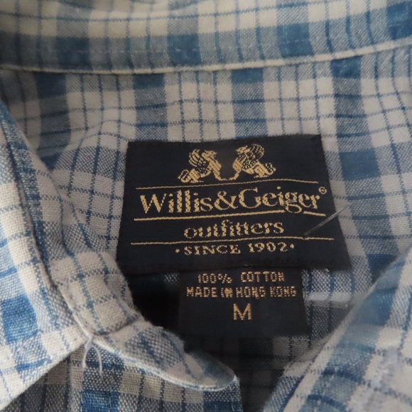 Willis & Geiger Shirt  M Blue white Plaid Long Sleeve Button Down Elbow Patch - Picture 5 of 5
